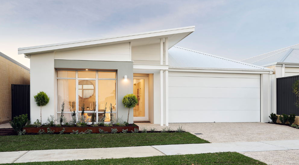 front of home, blue sky, green grass, skillion roof