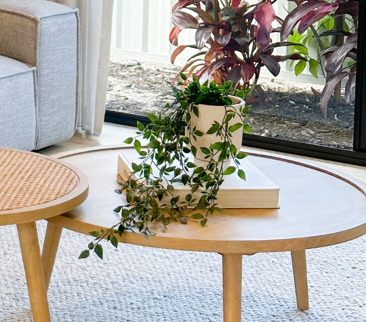 Tall indoor plant in woven basket adding height and greenery to the corner of a modern living room.